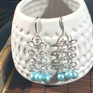 Handmade Light Blue Glass Pearls Sterling Silver Plated Chainmaille Earrings
